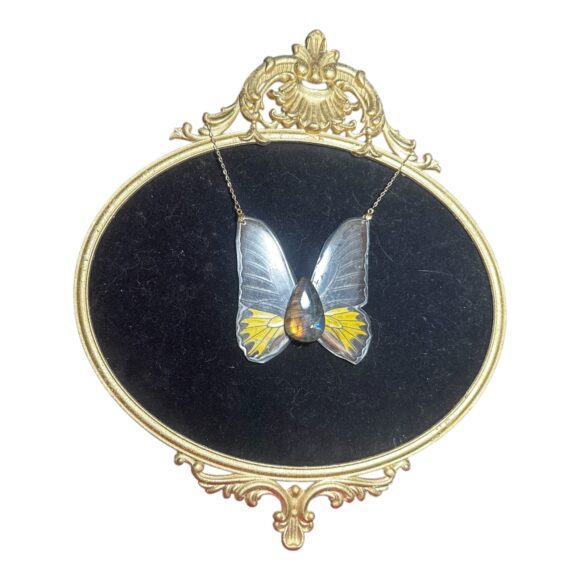 Black and yellow birdwing Rainbow labradorite cabochon